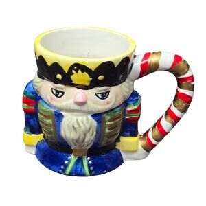 Vintage Colorful Christmas Nutcracker Coffee Mug w Candy Cane Handle Holiday Cup